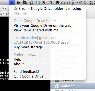 'Google Drive menu error'